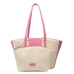 Sac de plage femme 044g 01 rose Barbie+raphia