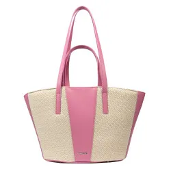 Sac de plage femme 044g 01 rose Barbie + raphia