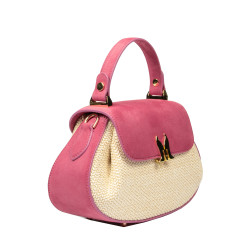 Sac à main pour femme 042g en daim rose framboise + raphia