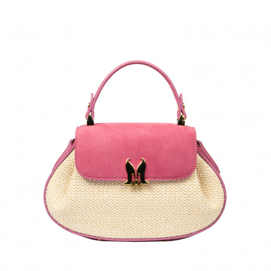 Sac à main pour femme 042g en daim rose framboise + raphia Sac à main pour femme 042g en daim rose framboise + raphia