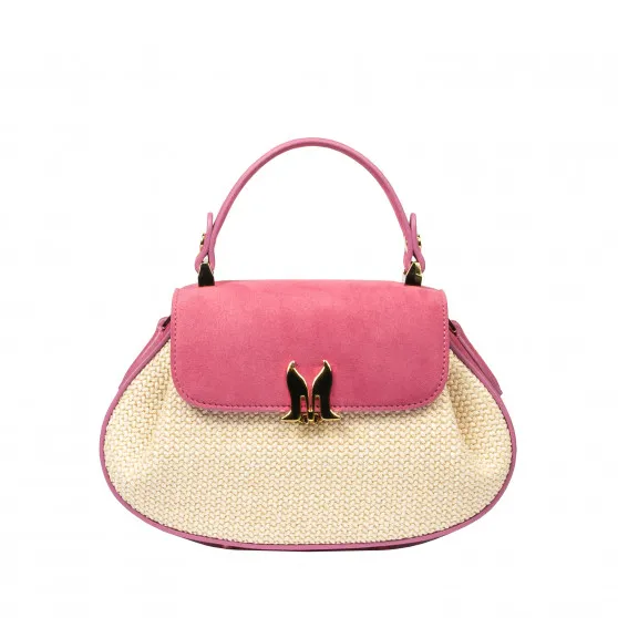 Sac à main pour femme 042g en daim rose framboise + raphia