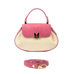 Sac à main pour femme 042g en daim rose framboise + raphia