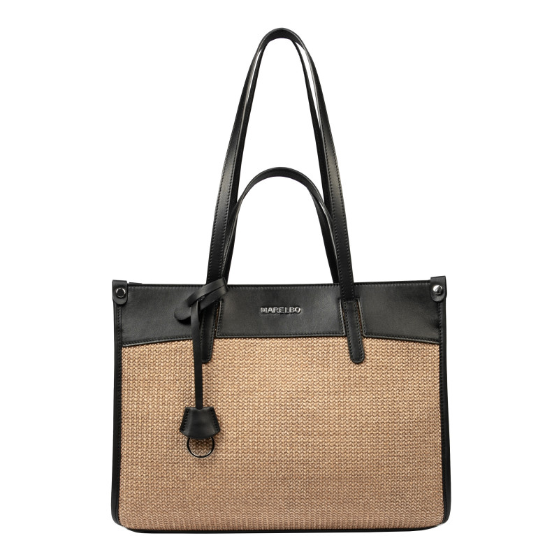 Sac de plage pour femme 045g 01 noir napa+raphia caramel