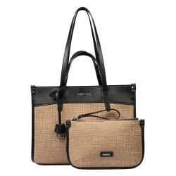 Sac de plage pour femme 045g 01 noir napa+raphia caramel
