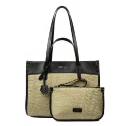 Sac de plage pour femme 045g 01 noir nappa + raphia sable olive
