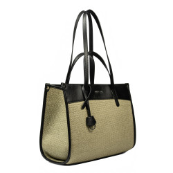 Sac de plage pour femme 045g 01 noir nappa + raphia sable olive