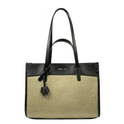 Sac de plage pour femme 045g 01 noir nappa + raphia sable olive