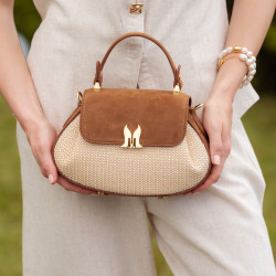 Sac à main pour femme 042g en daim marron + raphia