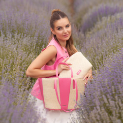 Sac de plage femme 044g 01 rose Barbie+raphia