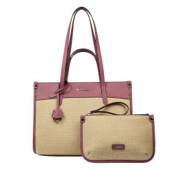 Sac de plage femme 045g 01 rose framboise + raphia